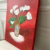 Oil on canvas bouquet of flowers on red background signed vintage