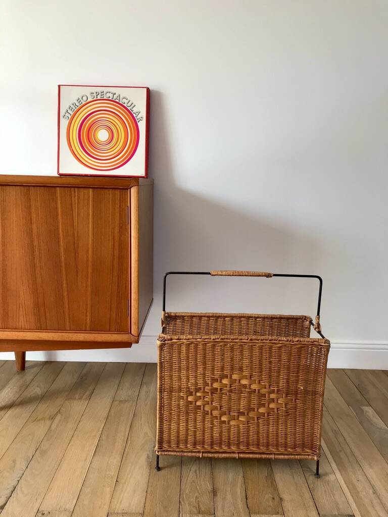 large wicker / rattan and black iron magazine rack from the 70s