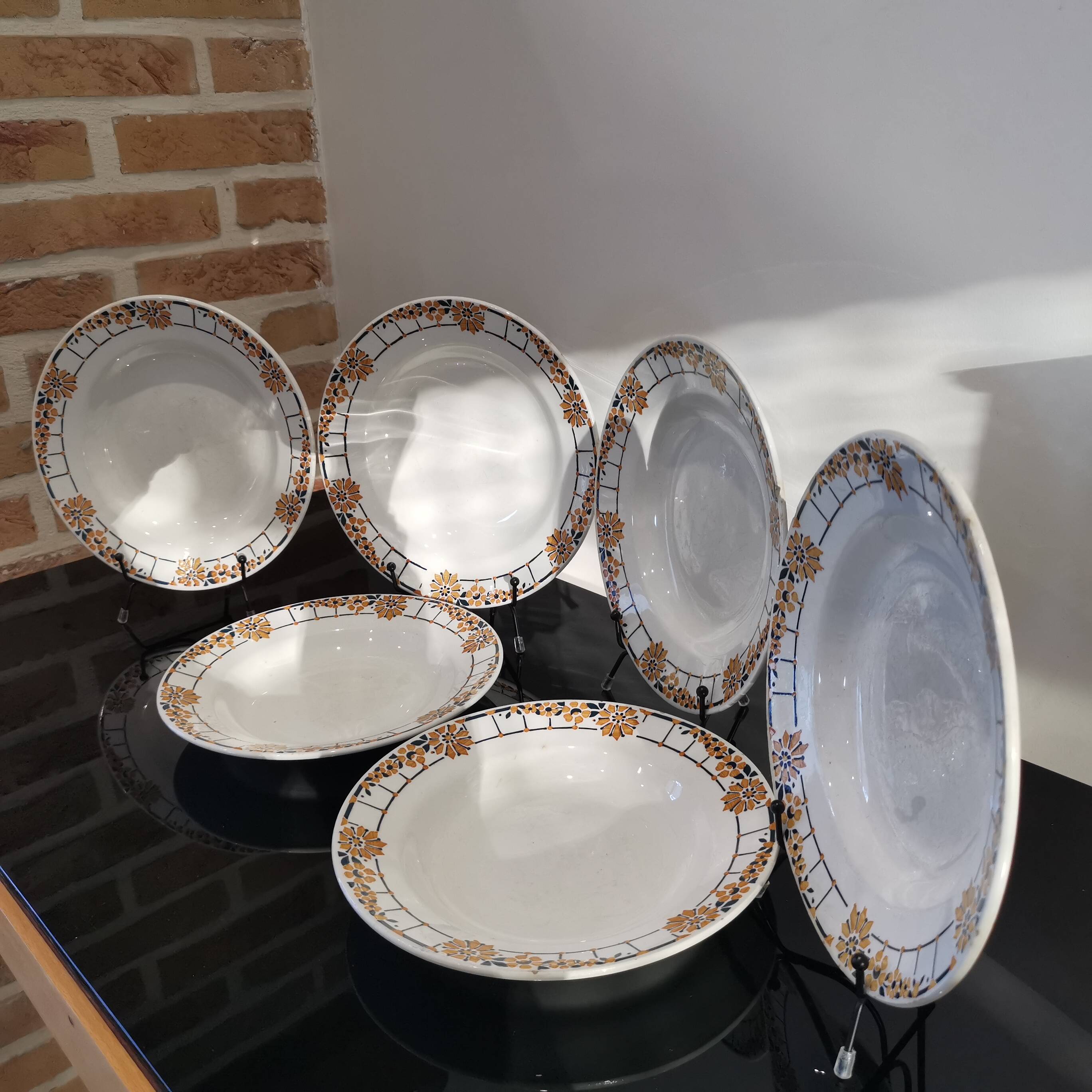 Series of 6 Saint Amand Ceranord soup plates, ocher and green pattern France