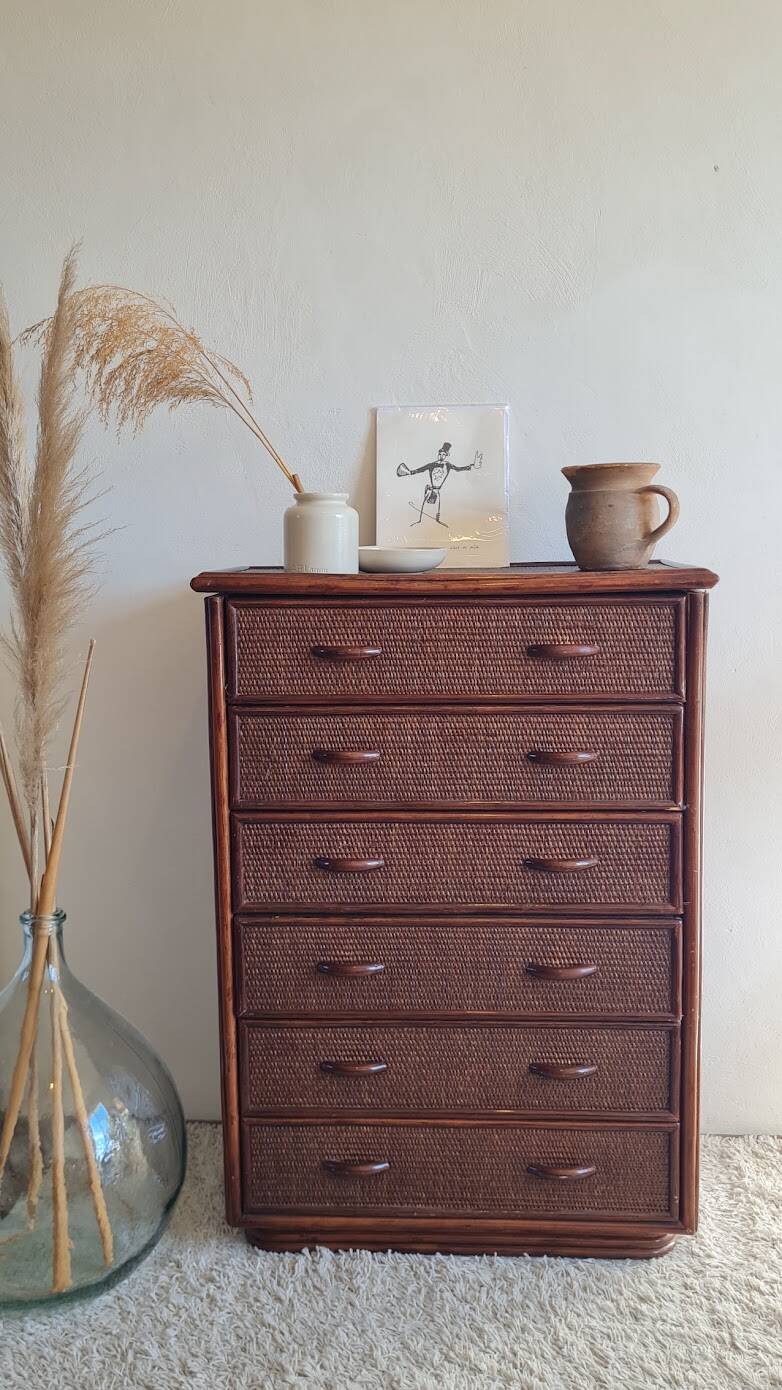Commode en rotin vintage circa années 70
