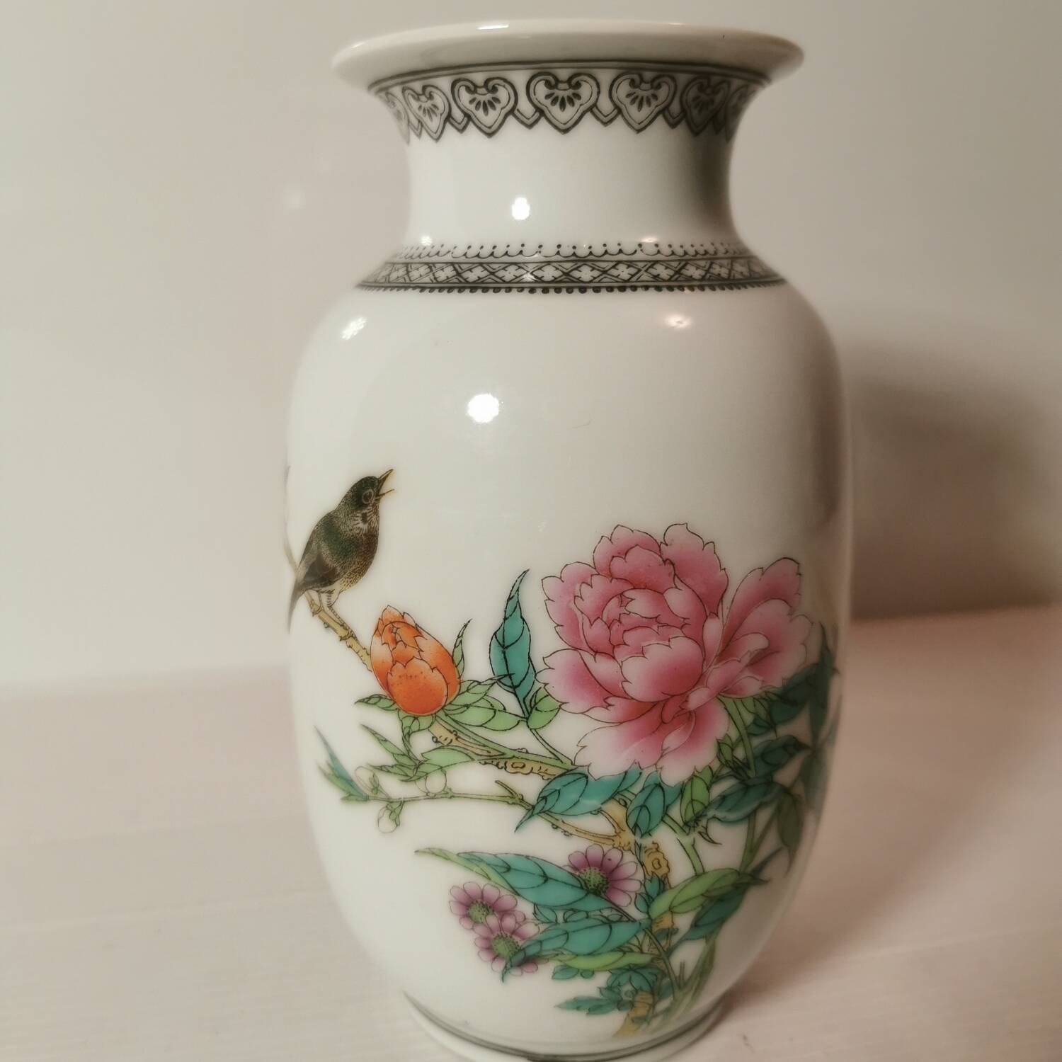 Small Asian Chinese Baluster Vase in White Porcelain with Caligraphed Poem. Stamped and S