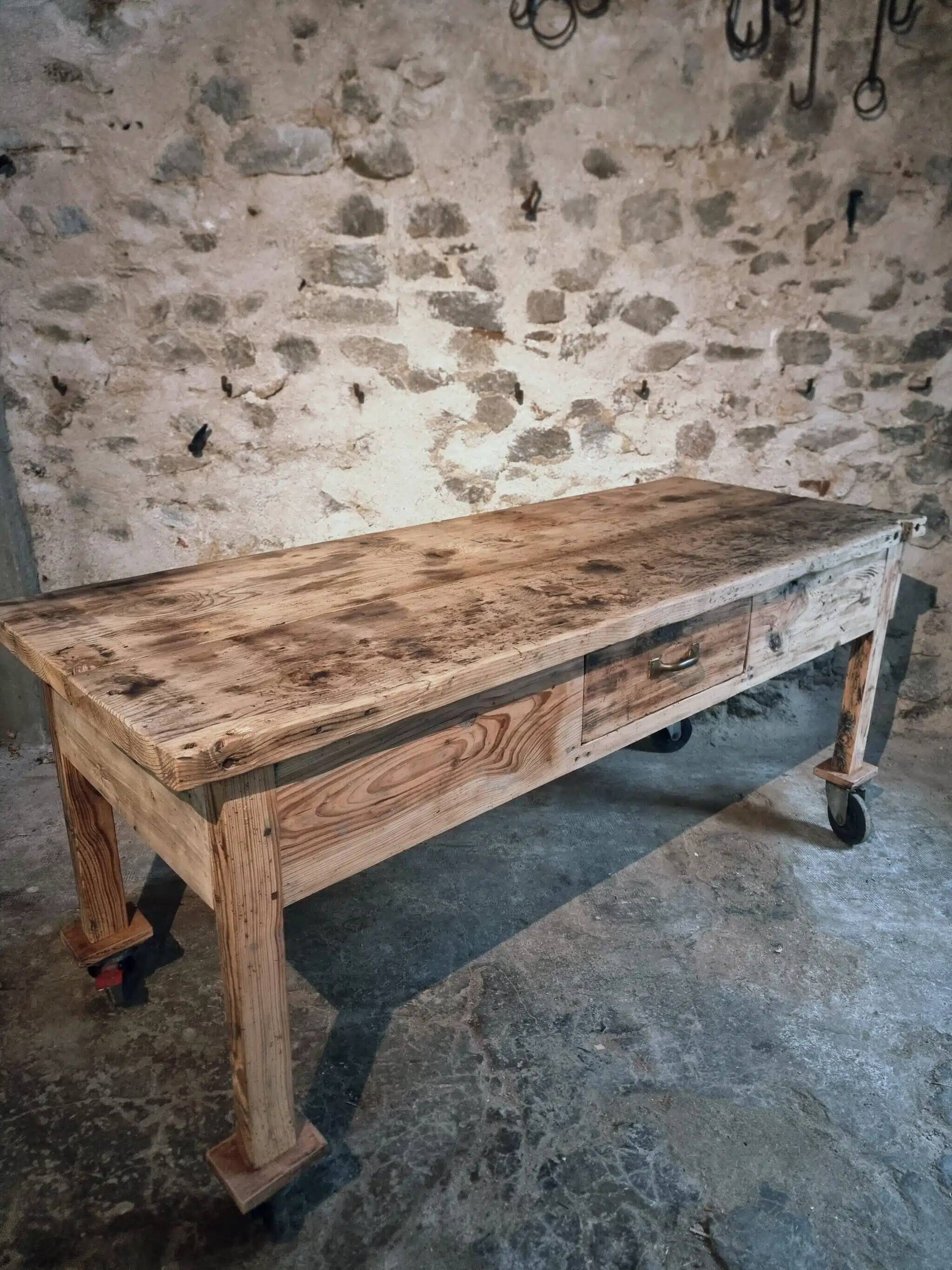 Vintage French pine work table, 1930s industrial kitchen island with drawer and casters