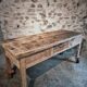 Vintage French pine work table, 1930s industrial kitchen island with drawer and casters