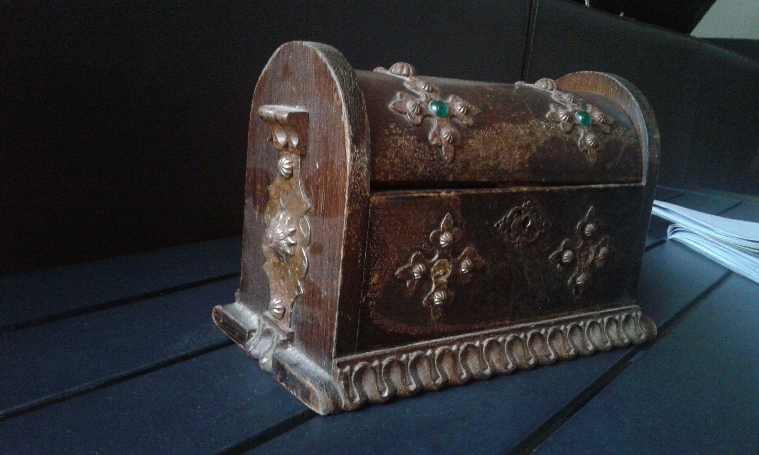 Wooden box, baroque style, wood and iron