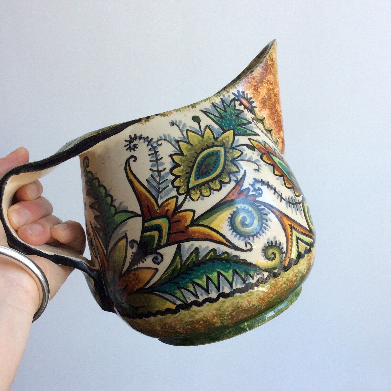 Pitcher Paul Fouillen Quimper faience floral decoration, French hand painted