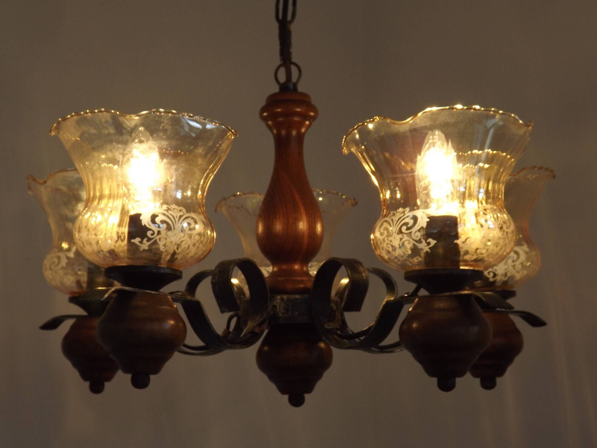 French 5 Light Mid Century Chandelier Wood Metal & Patterned Glass Shades
