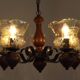 French 5 Light Mid Century Chandelier Wood Metal & Patterned Glass Shades