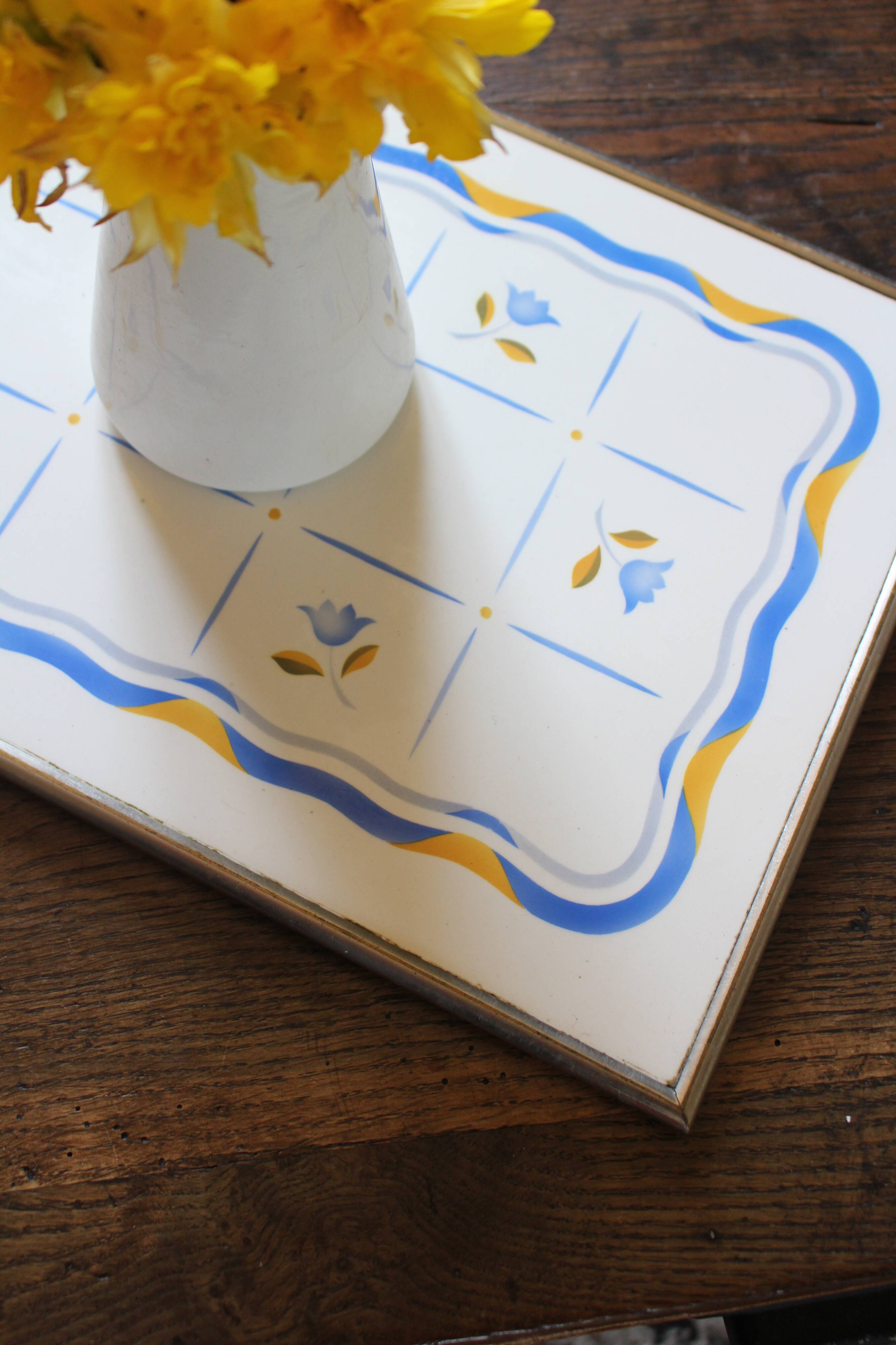 Art Deco yellow and blue tulip metal earthenware tray