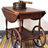 Folding dessert table in solid chestnut, 2 drawers, wheels, 20th century.