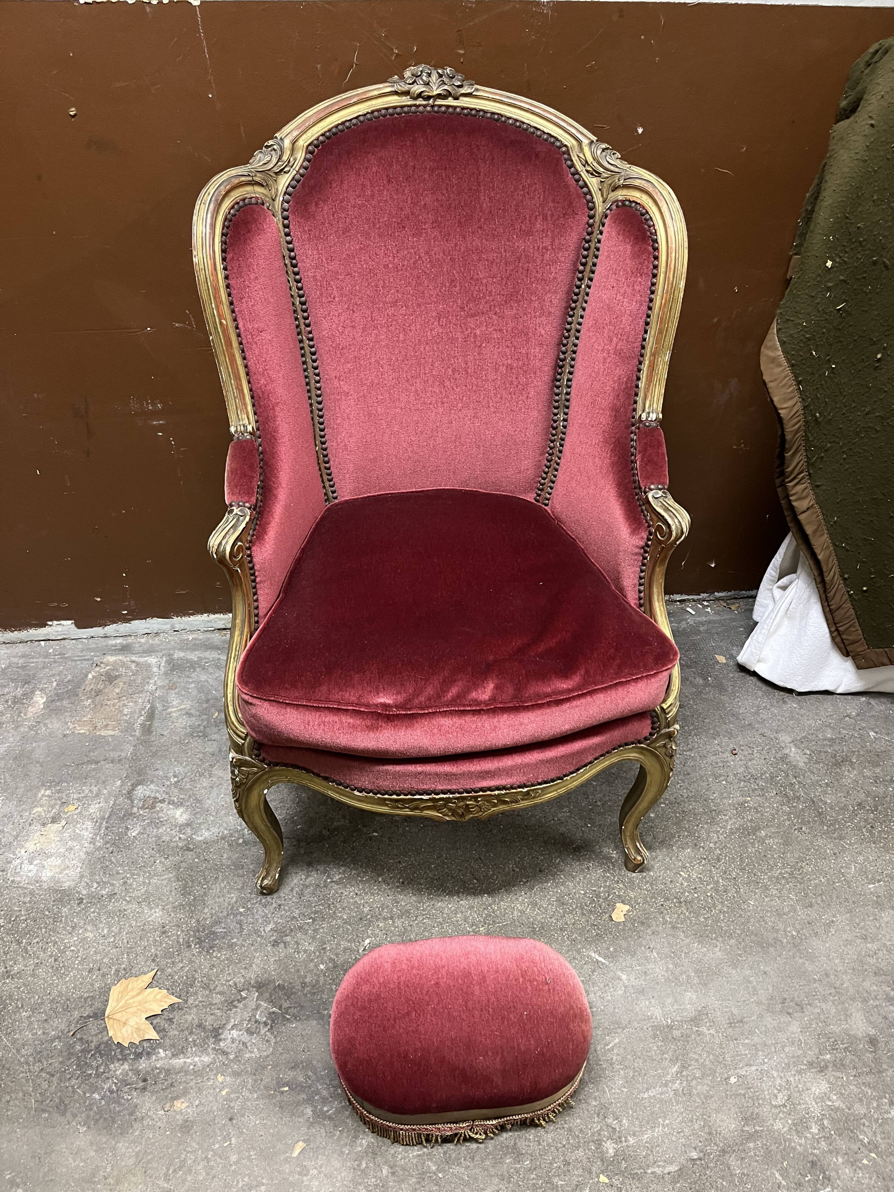 Gilded wooden armchair and footrest
