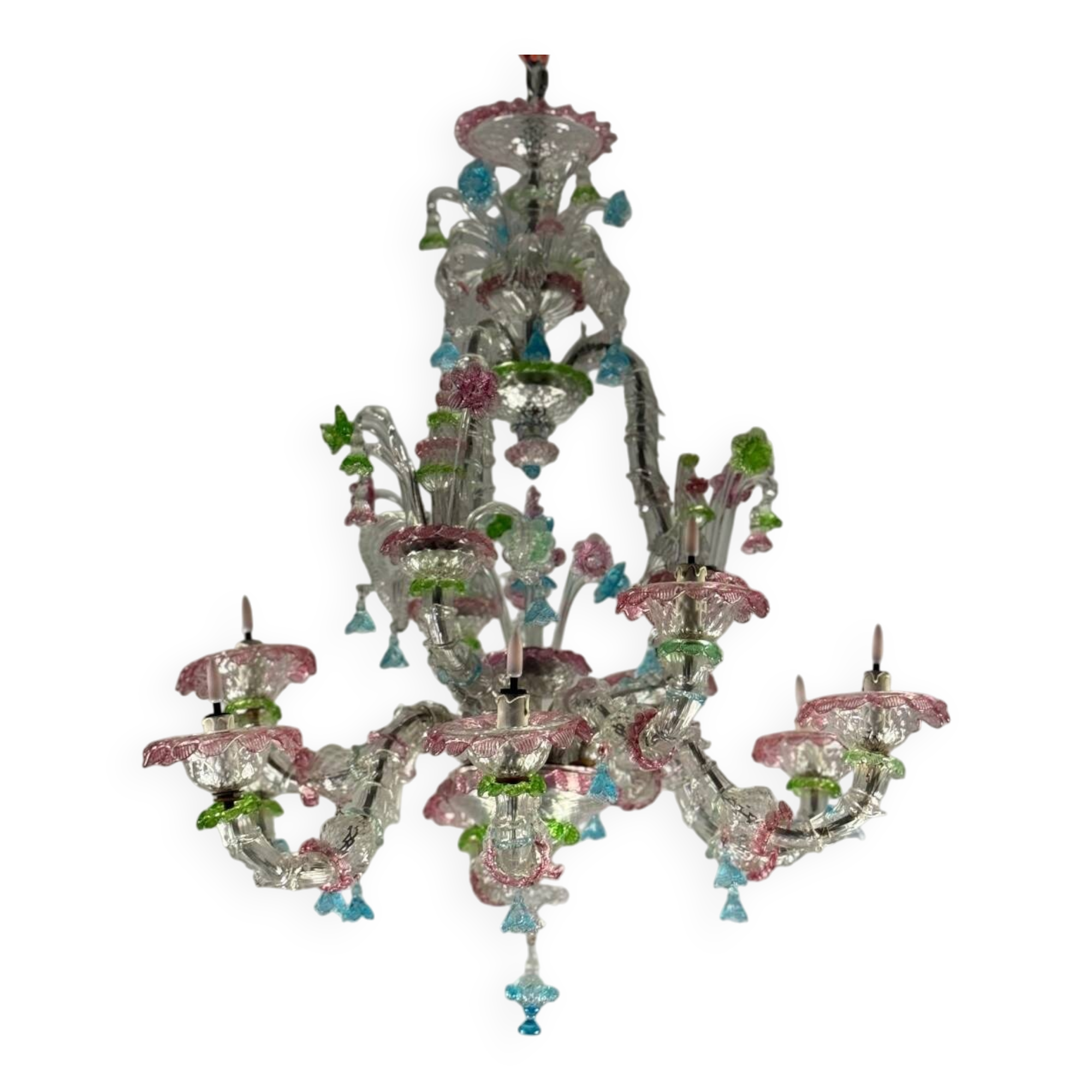 Rezzonico Venetian chandelier in multi-colored Murano glass, 9 light arms, circa 1940