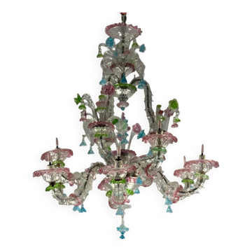 Rezzonico Venetian chandelier in multi-colored Murano glass, 9 light arms, circa 1940