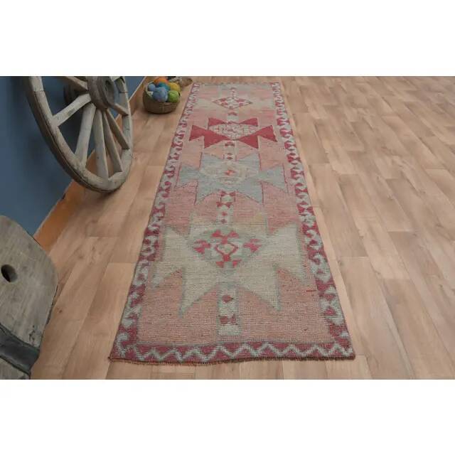 1970s Vintage Turkish Handmade Wool & Cotton Pink Runner Rug 100X349