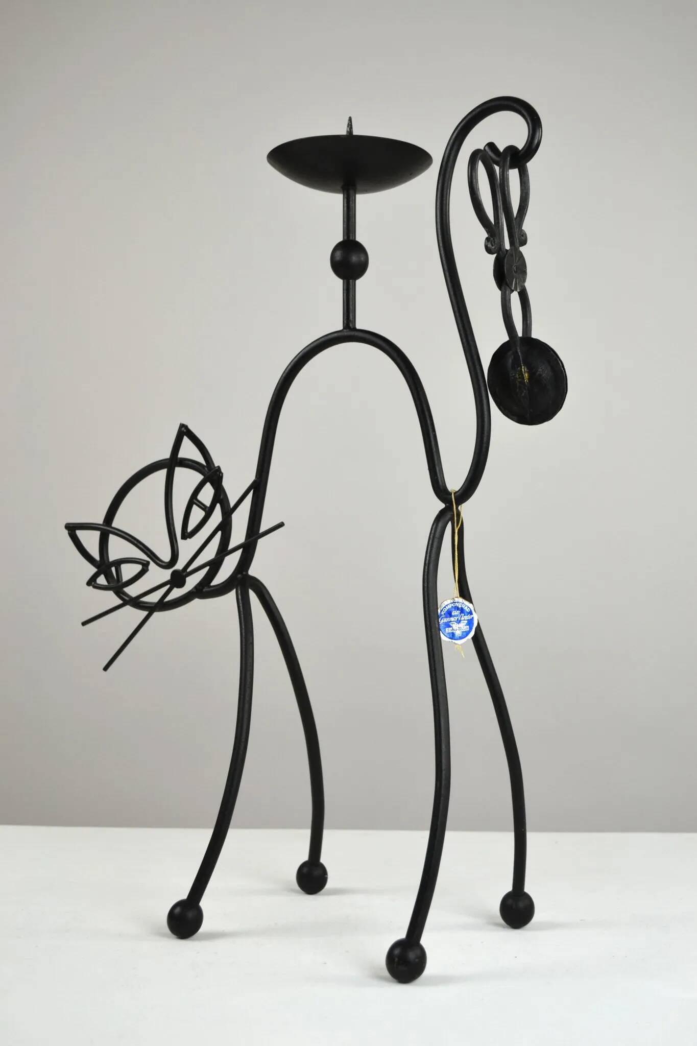 Black Painted Metal Cat Candle Holder, Snuffer & Original Label by Gunnar Ander for Ystad-Metall, Sweden, 1950s/60s