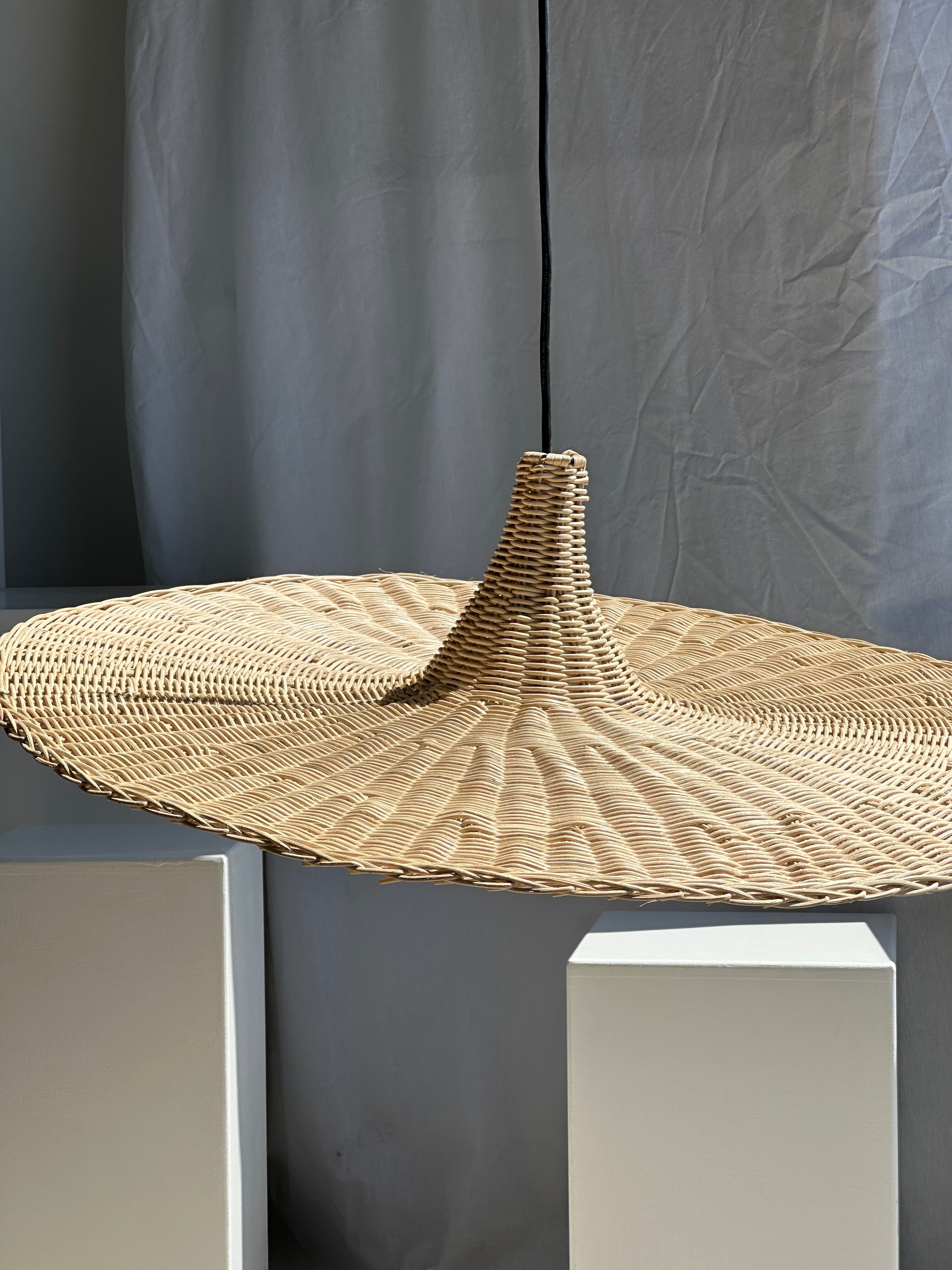 Large suspension, rattan luminaire in hat shape D:80cm