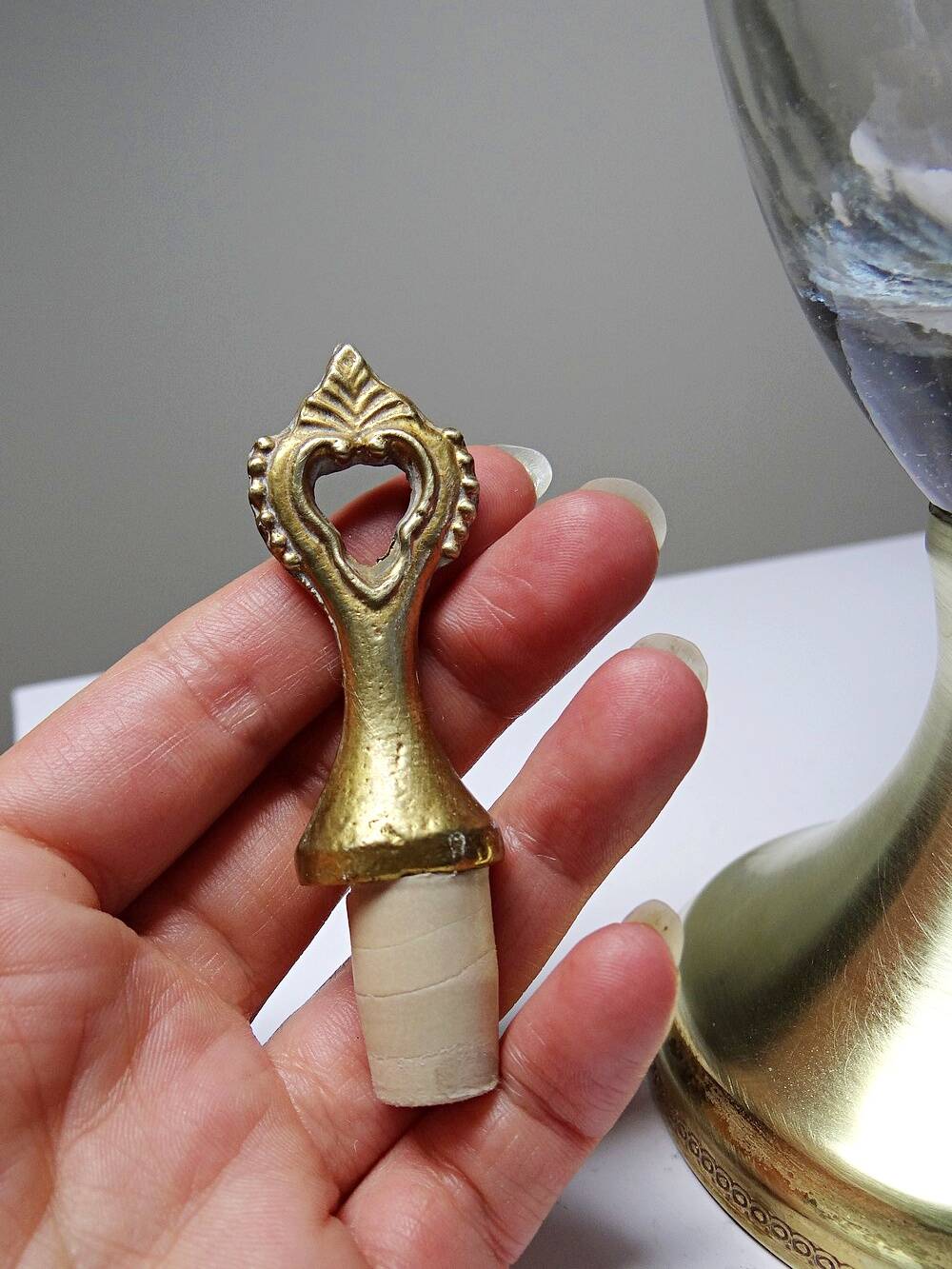 Vintage decorative jug in moulded glass and gilded brass, Italy circa 1980.