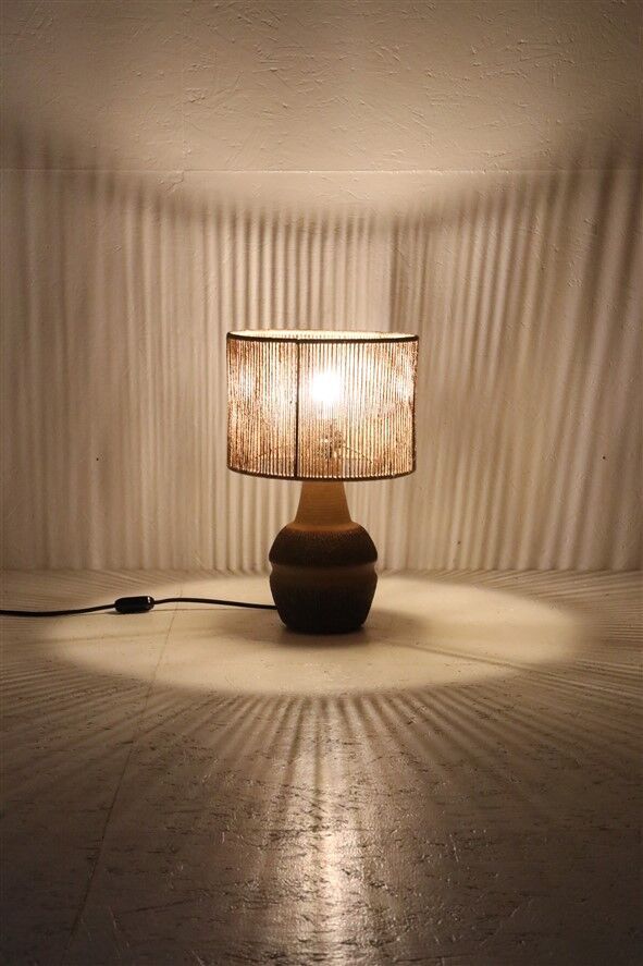 Handmade Søholm / Einar Johansen ceramic table lamp with jute lampshade / Mid-century Danish modern design / 1960s / 1970s