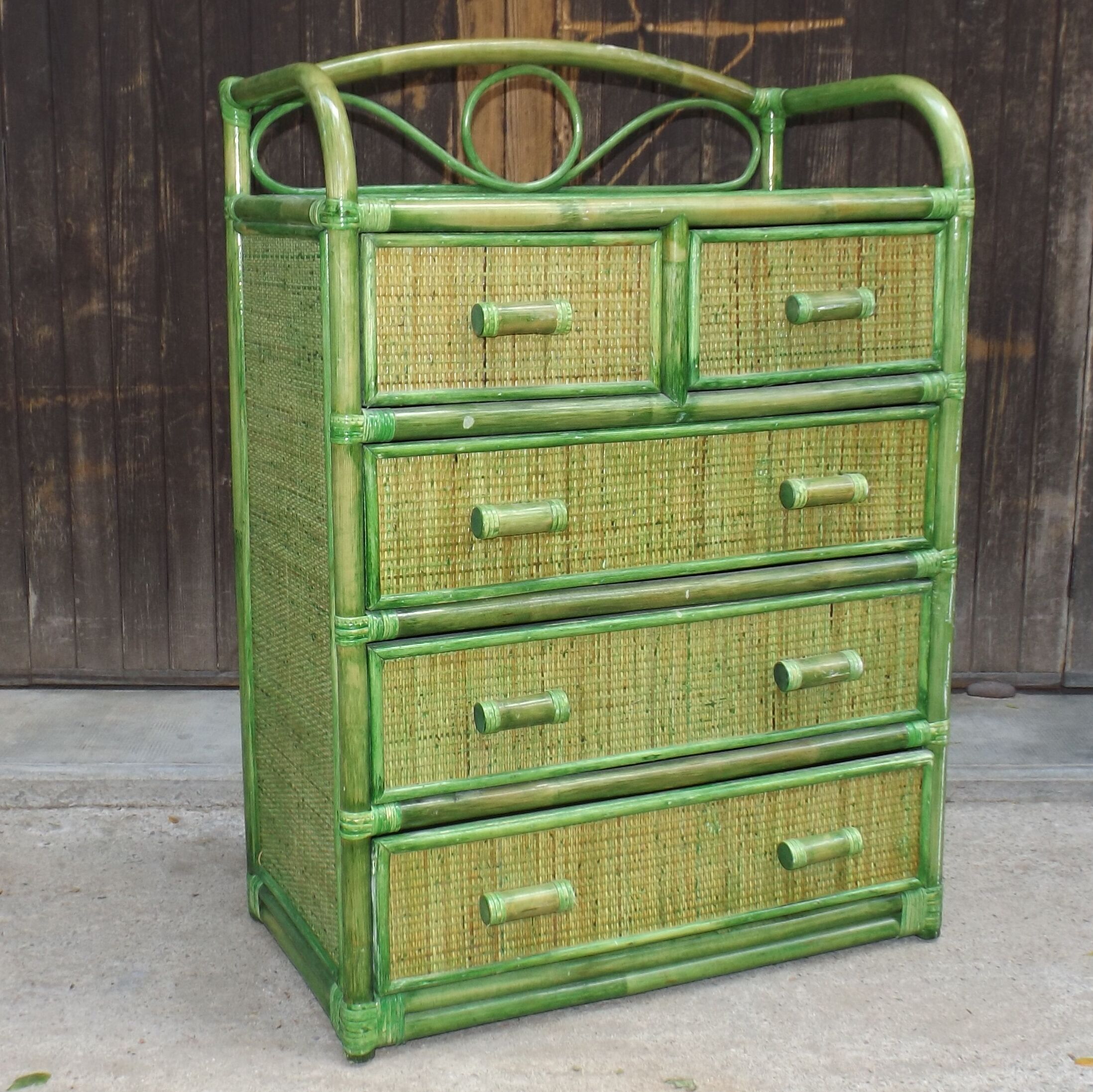 Chest of drawers in green rattan circa 1970