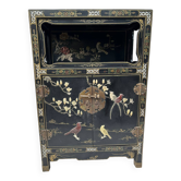 Chinese sideboard with gold lacquer and mother-of-pearl inlay. Bird and landscape decor.