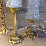 Duo of retro 50's bronze table lamps, diamond-tipped glass tube lampshades