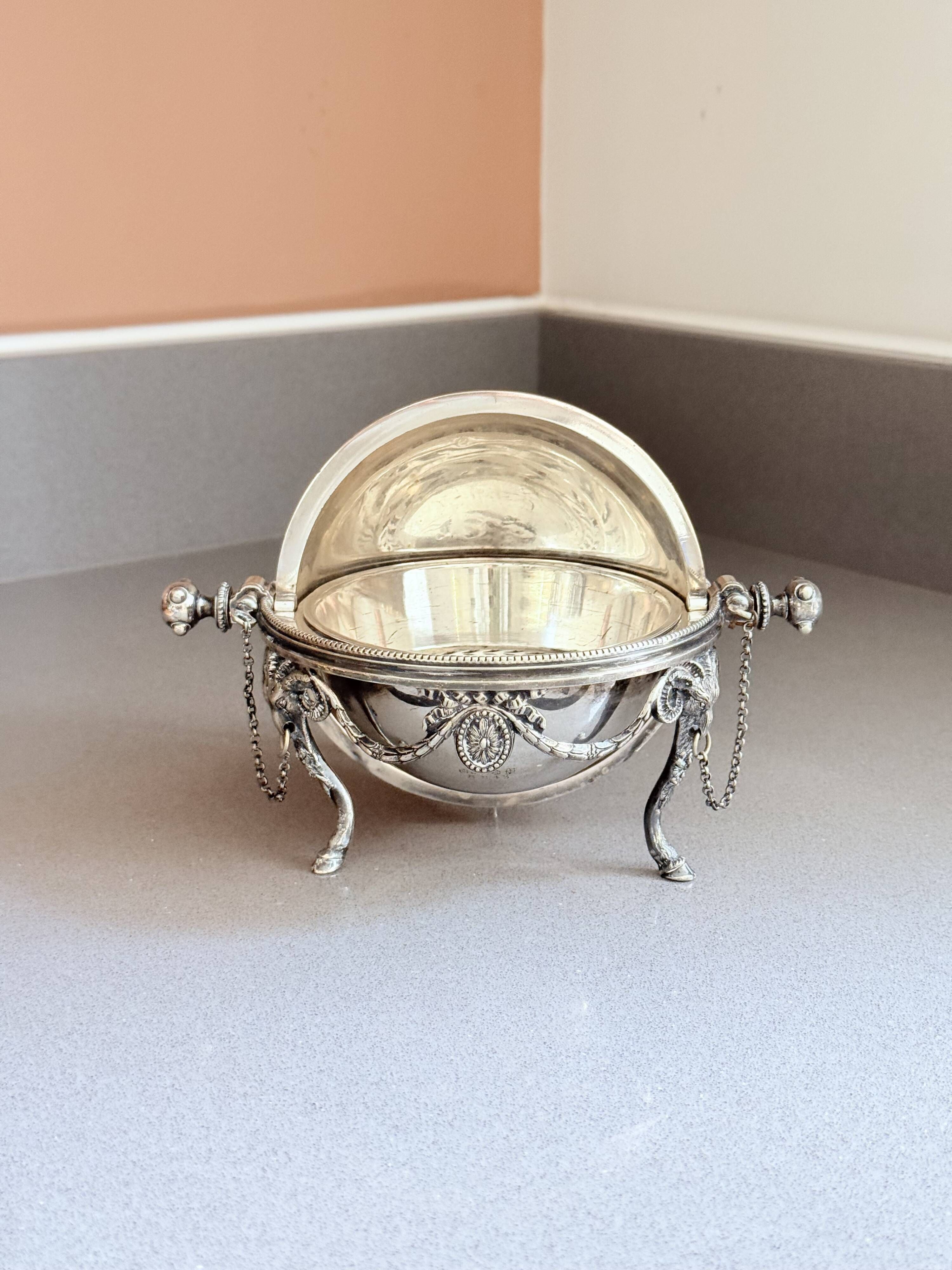 Antique English Silver-Plated Roll-Top Caviar Dish with Ram’s-Head Decoration