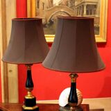 20th Century French Black Enamel Tole and Gilt Bronze Table Lamps with Silk Shade, Set of 2