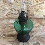 Old kerosene lamp, brass pedestal & green glass body + vintage glass tube