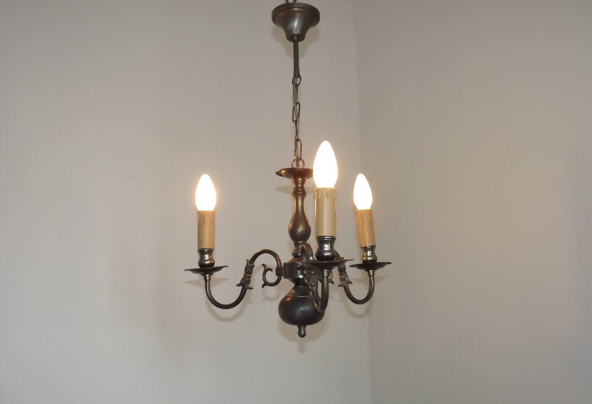 Italian Vintage Silver Brushed Metal 3 Light Flemish Style Chandelier