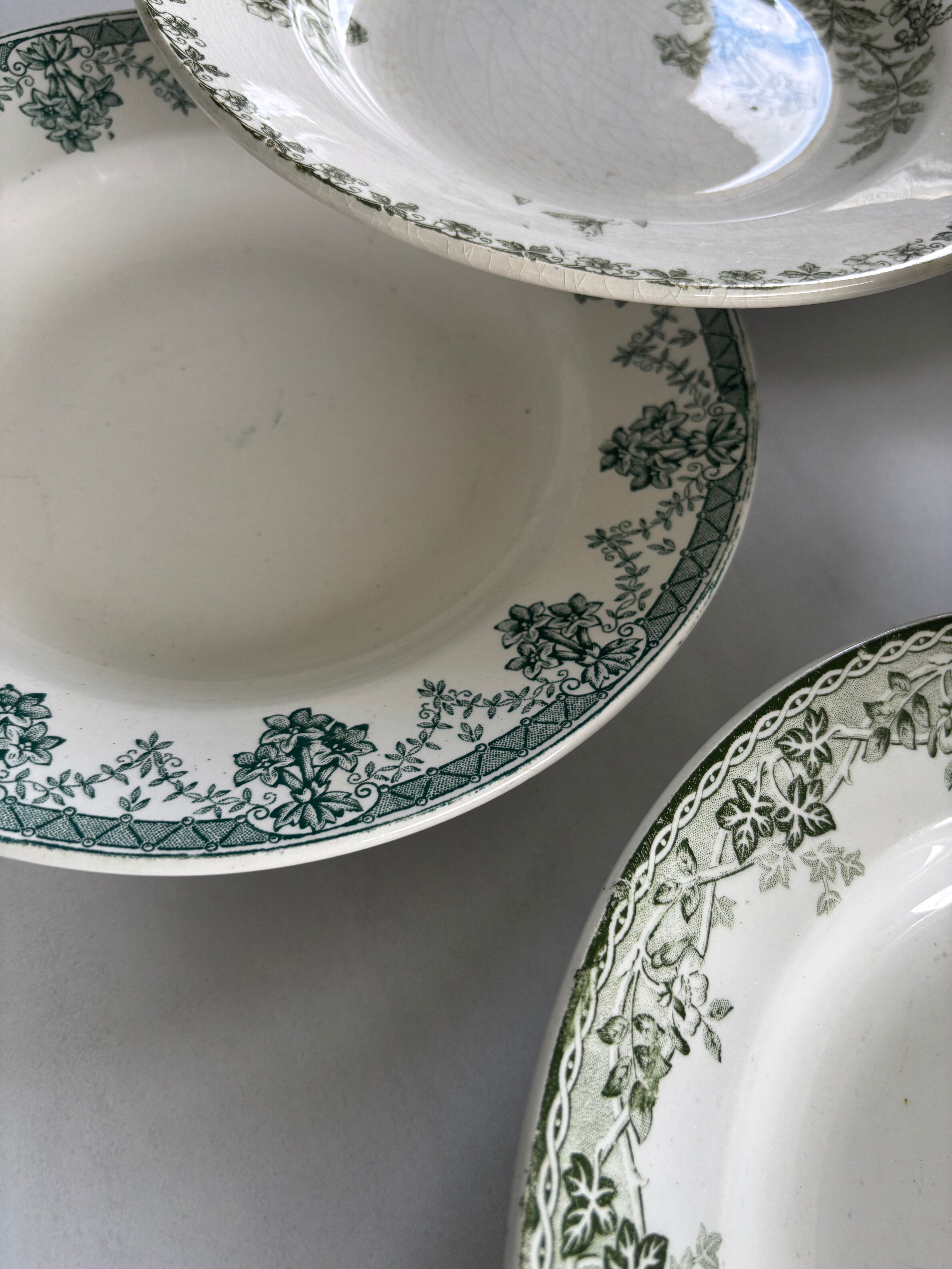 Set of 6 blue and green ironstone deep plates, French earthenware.