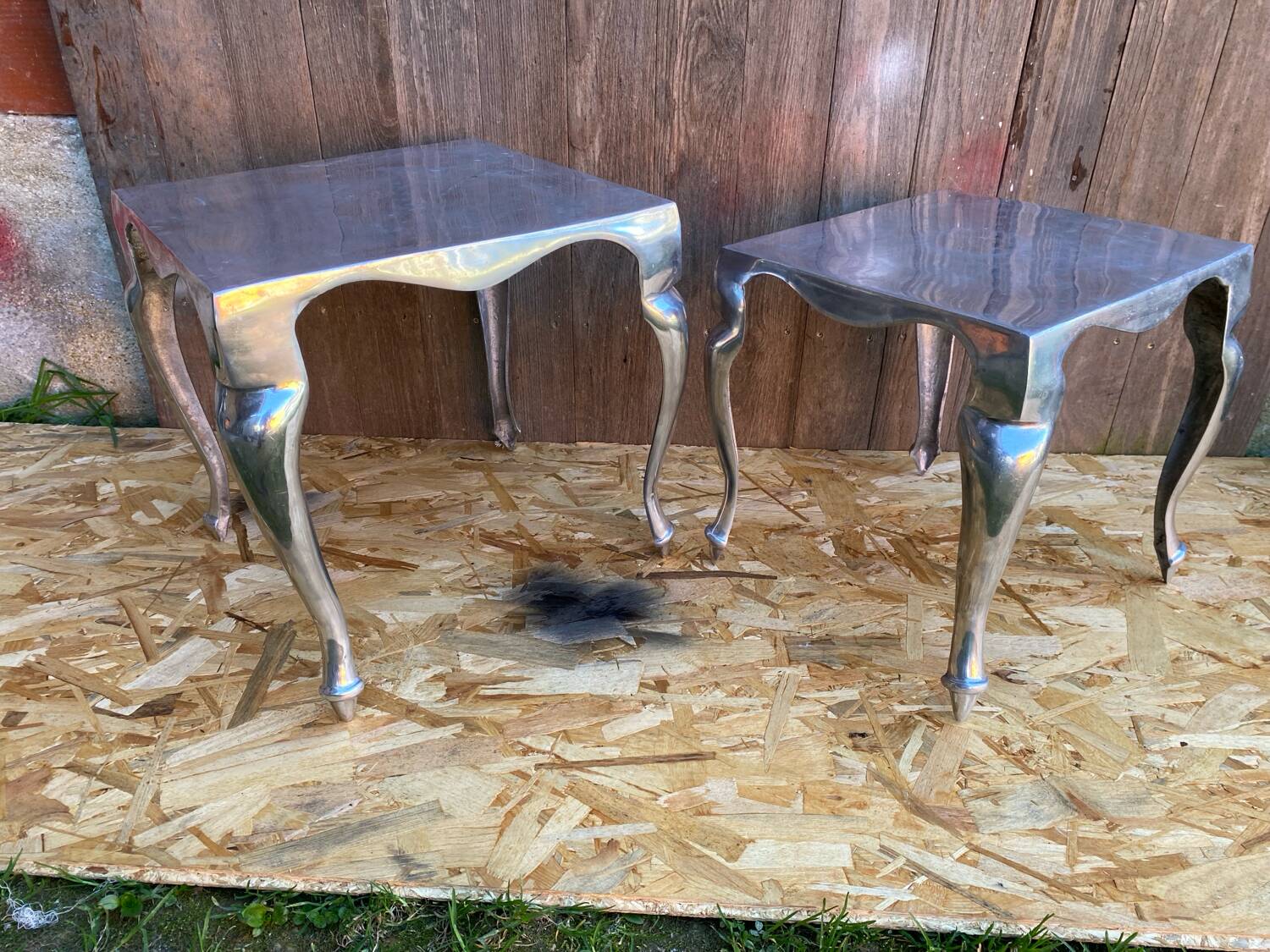 Pair of Louis XV Style Nesting Coffee Tables in Vintage Polished Aluminum