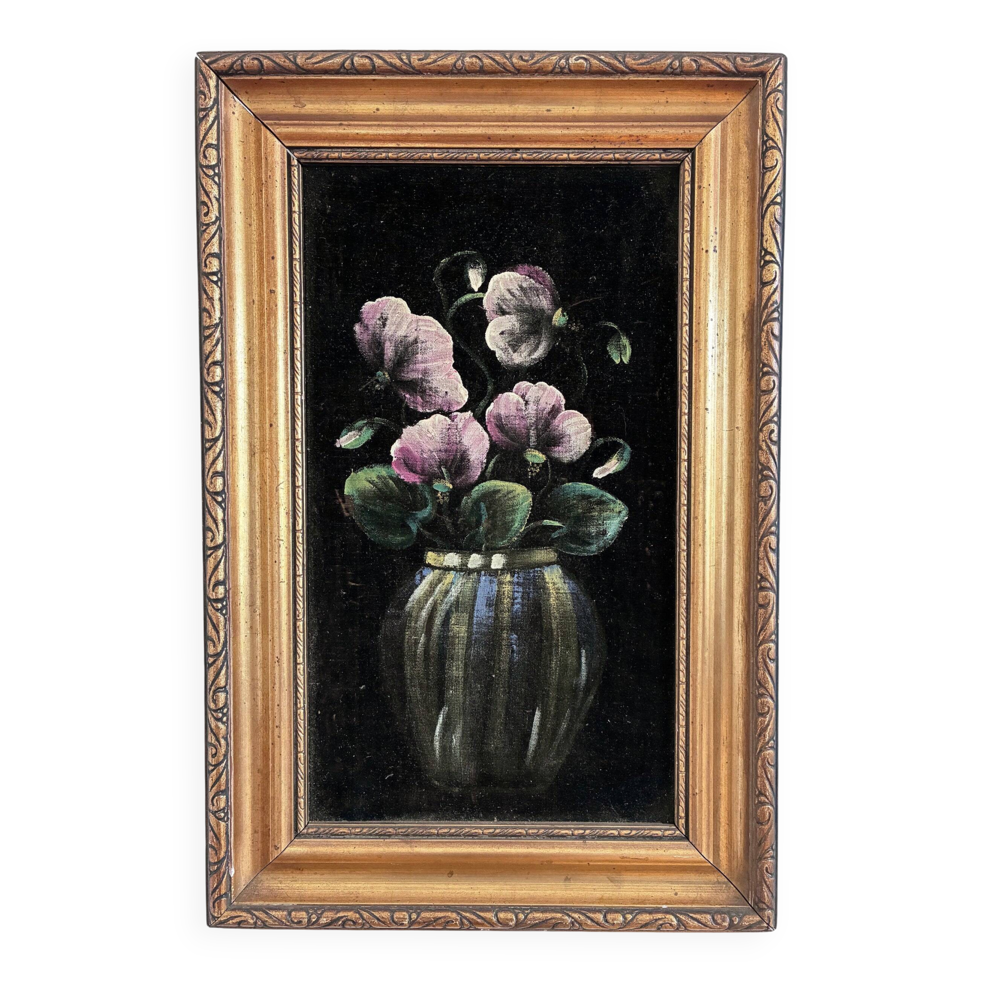 Vintage original velvet flower oil painting, pink flower still life art