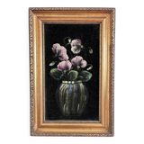 Vintage original velvet flower oil painting, pink flower still life art