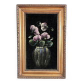 Peinture à l'huile vintage sur velours, nature morte avec des fleurs roses