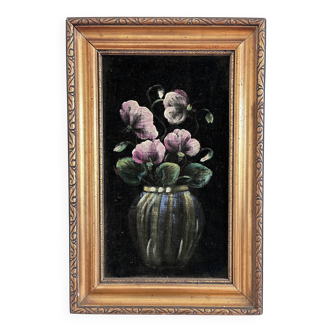 Vintage original velvet flower oil painting, pink flower still life art