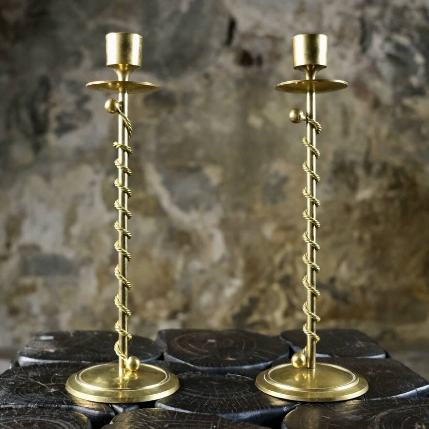 Pair of Art Deco twisted brass candlesticks, France, 1930s