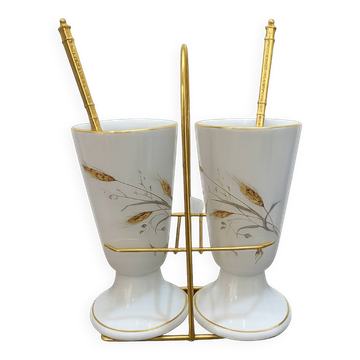 Set de 2 mazagrans anciens en porcelaine de Limoges avec support doré