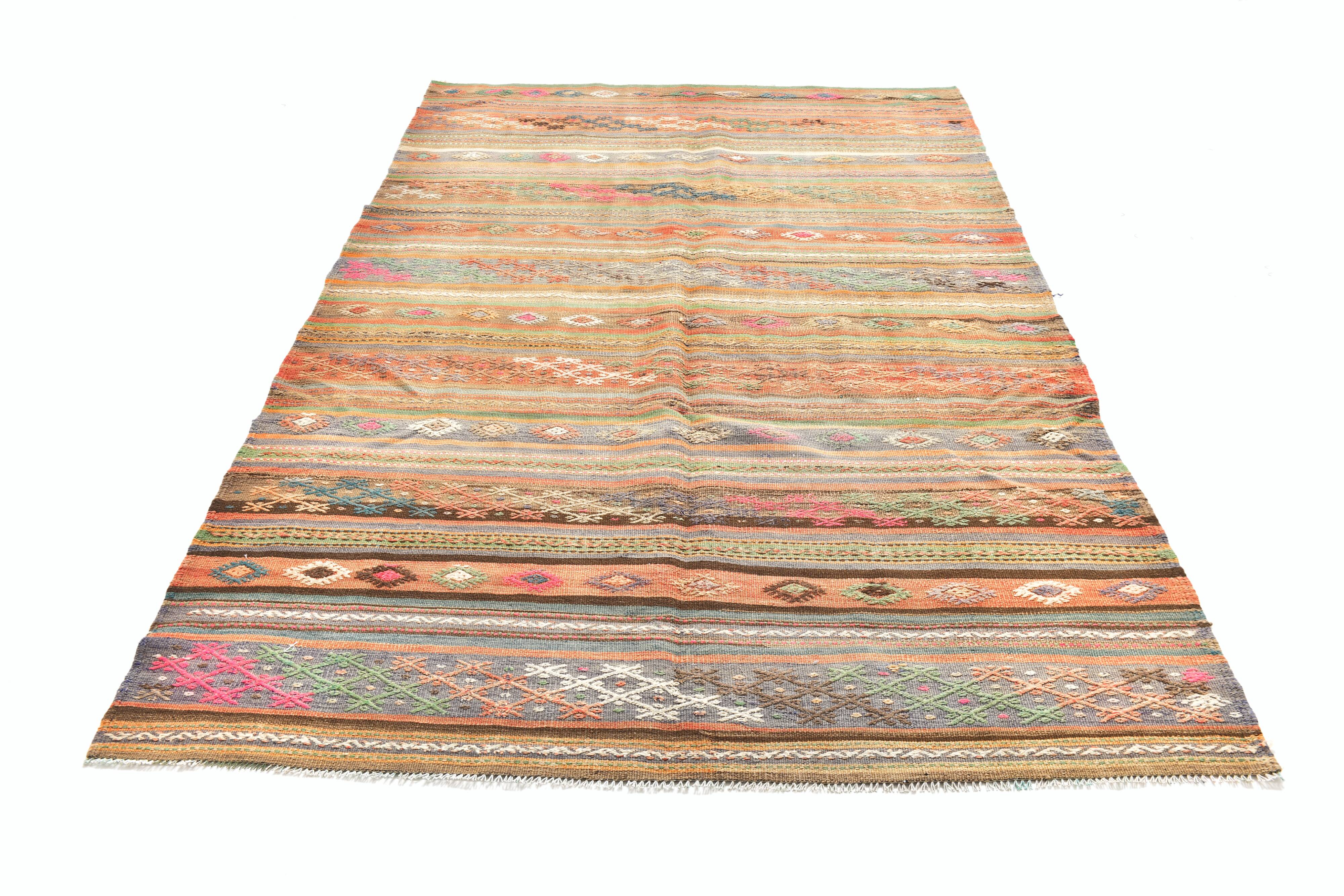 5x8 Green & Orange Striped Pattern Persian Kilim Rug, 155x250Cm