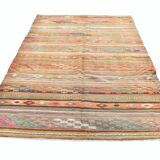 5x8 Green & Orange Striped Pattern Persian Kilim Rug, 155x250Cm