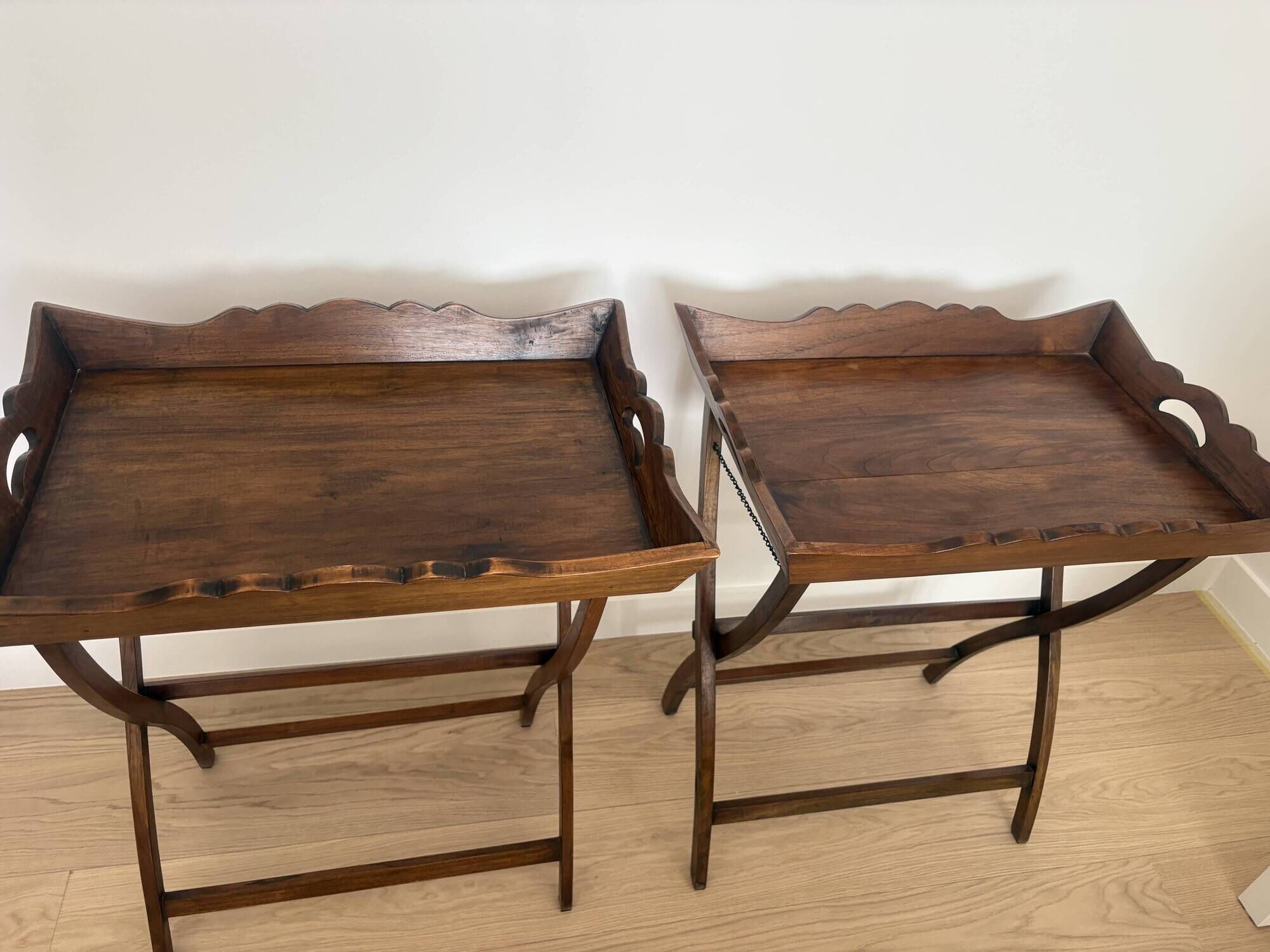 Pair of folding wooden side tables / serving tables in style