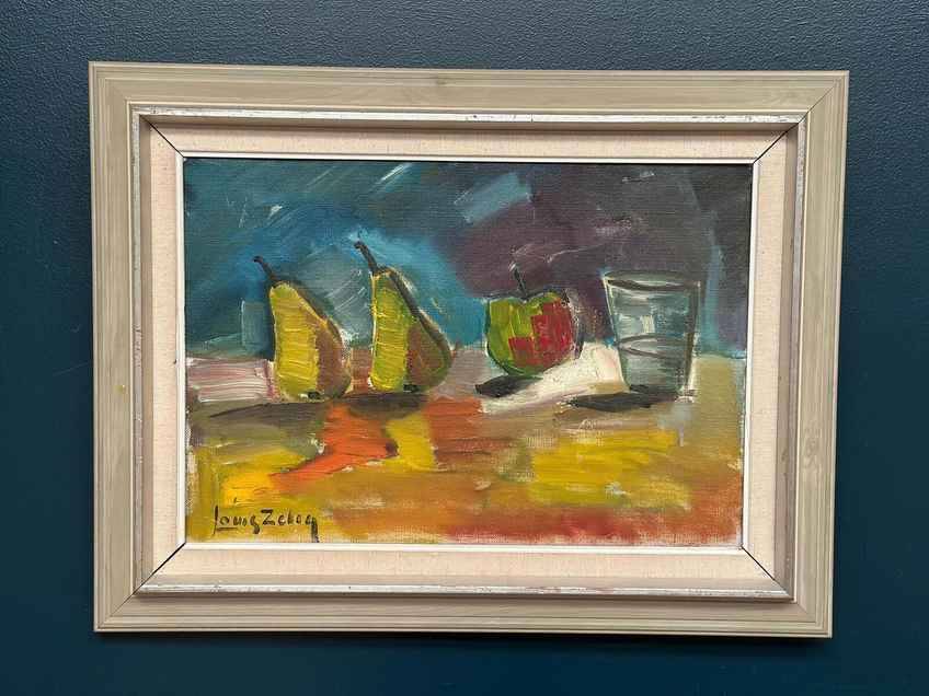 Original Mid Century Oil On Canvas – “Fruit” By Louis Zelig – Vintage & Framed 72 × 55 Cm