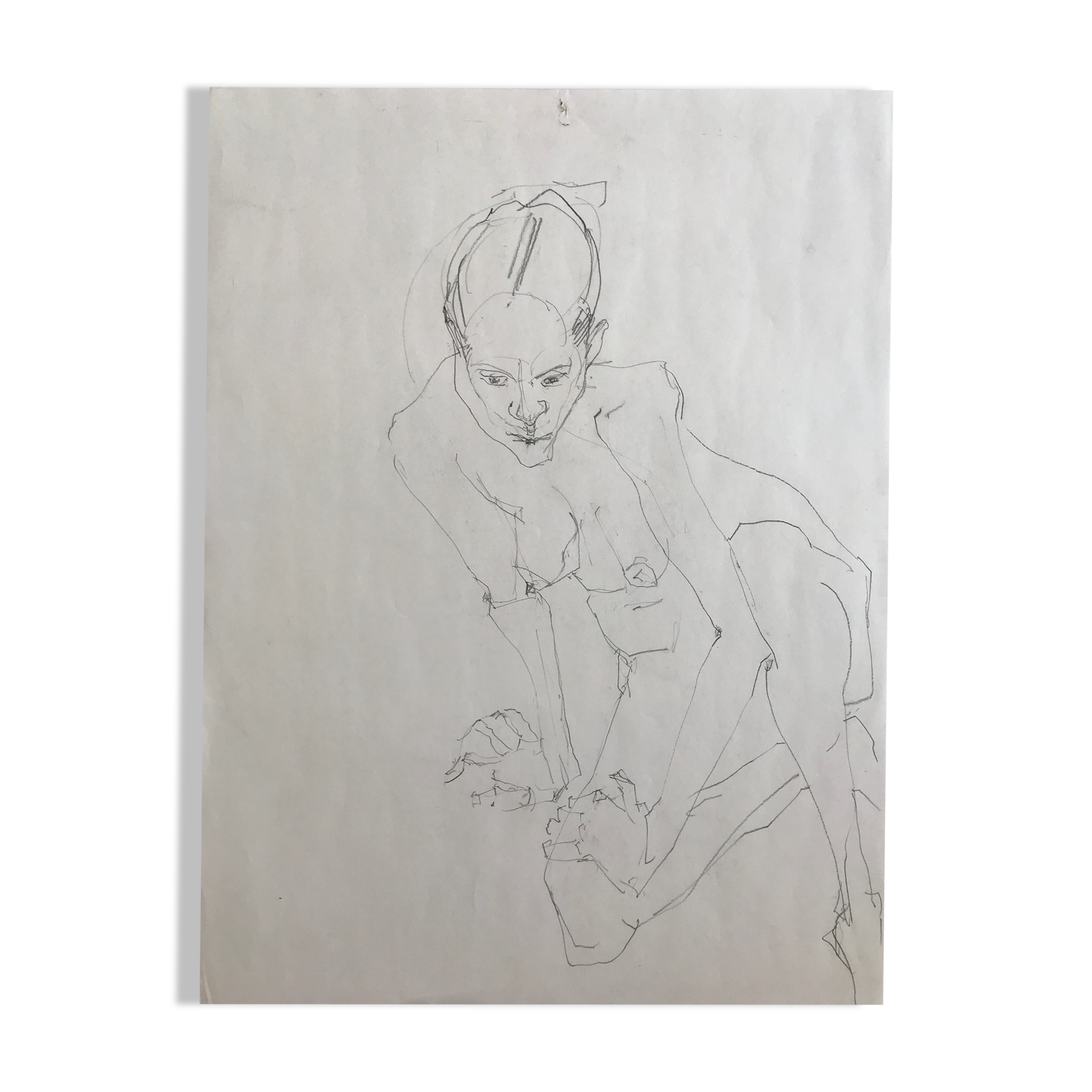 pencil sketch on paper by robert haisley, female body study, seated model