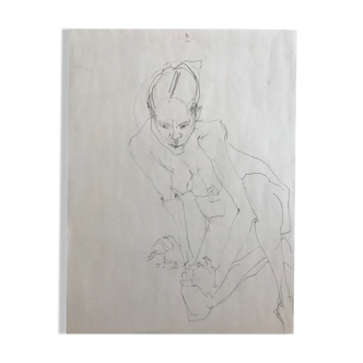 croquis au crayon sur papier de robert haisley, etude de corps féminin, modèle assis