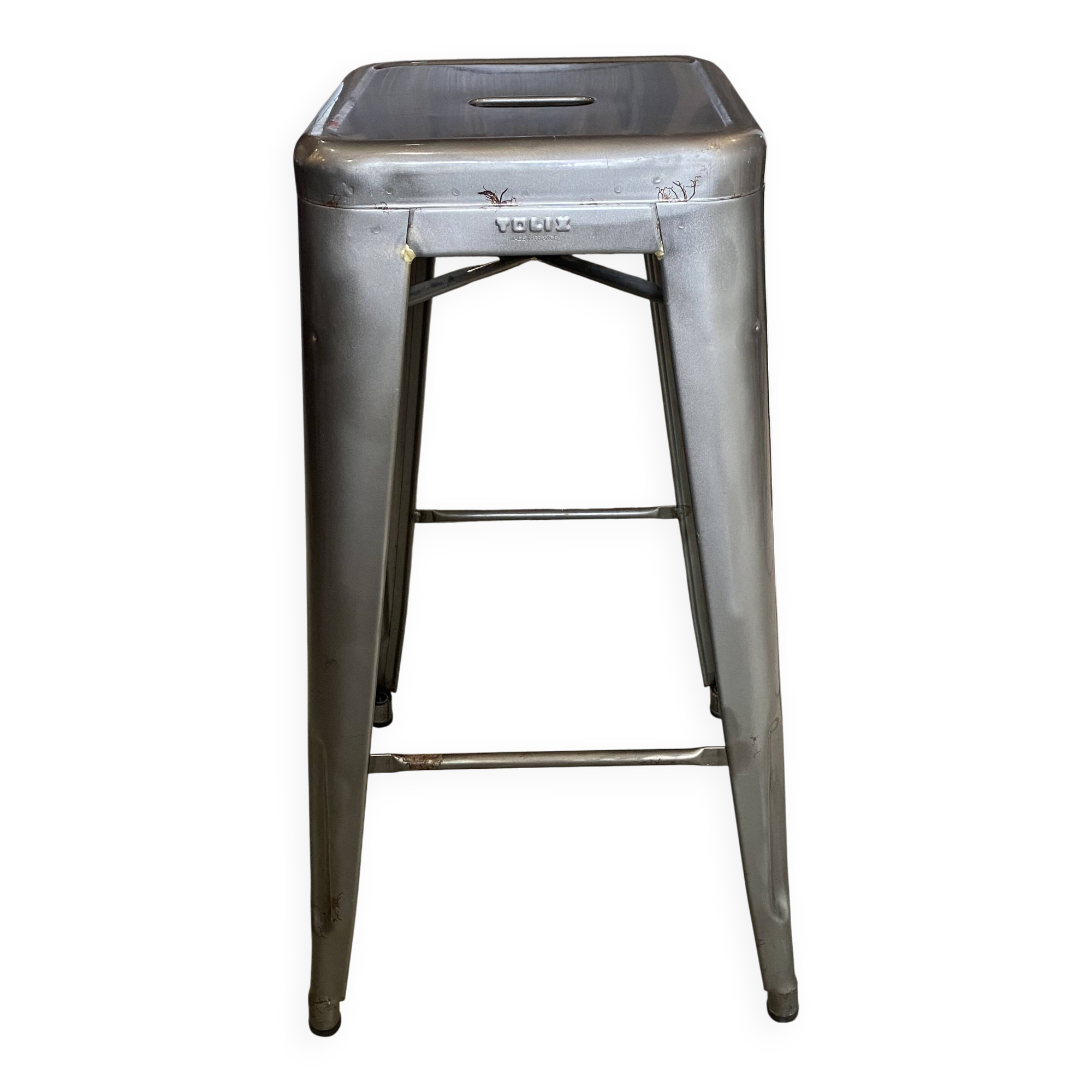 Genuine TOLIX H75 industrial high bar stool, stackable, varnished metal.
