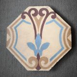 Antique earthenware tile, thick, octagonal shape, polychrome patterns