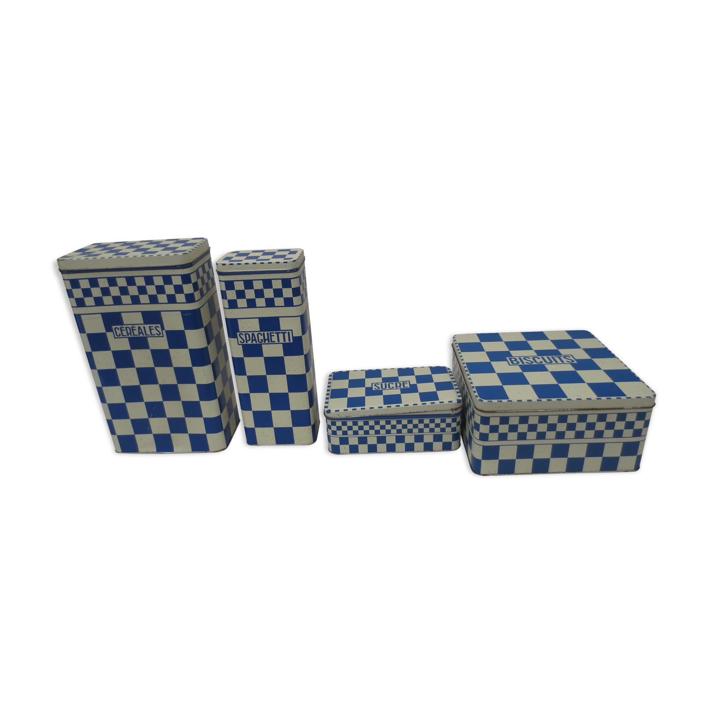 Series of 4 metal boxes, blue and white lustucru decoration