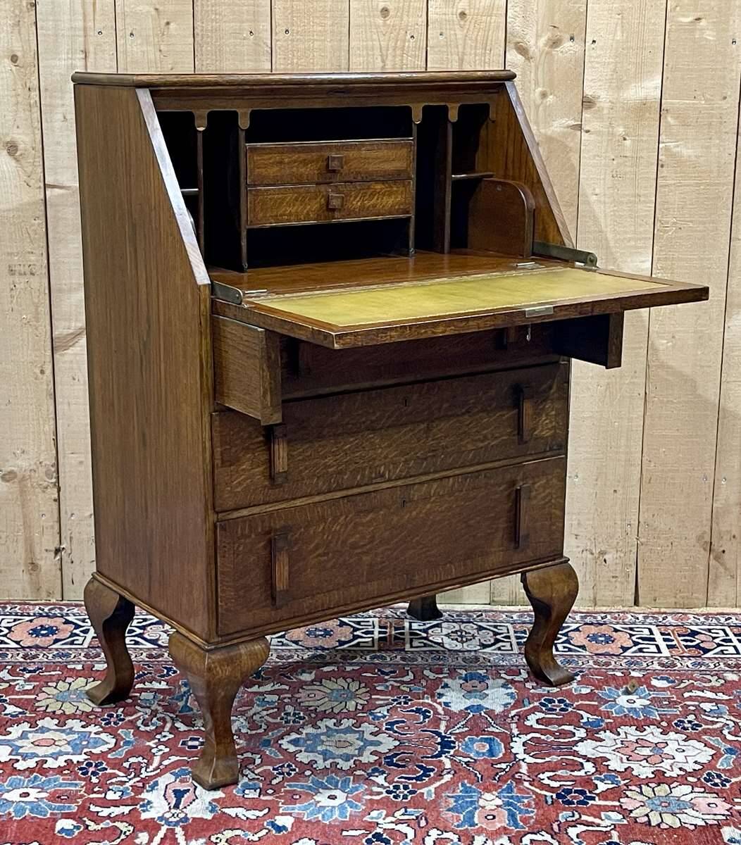 English donkey desk in oak and leather top, 1950s