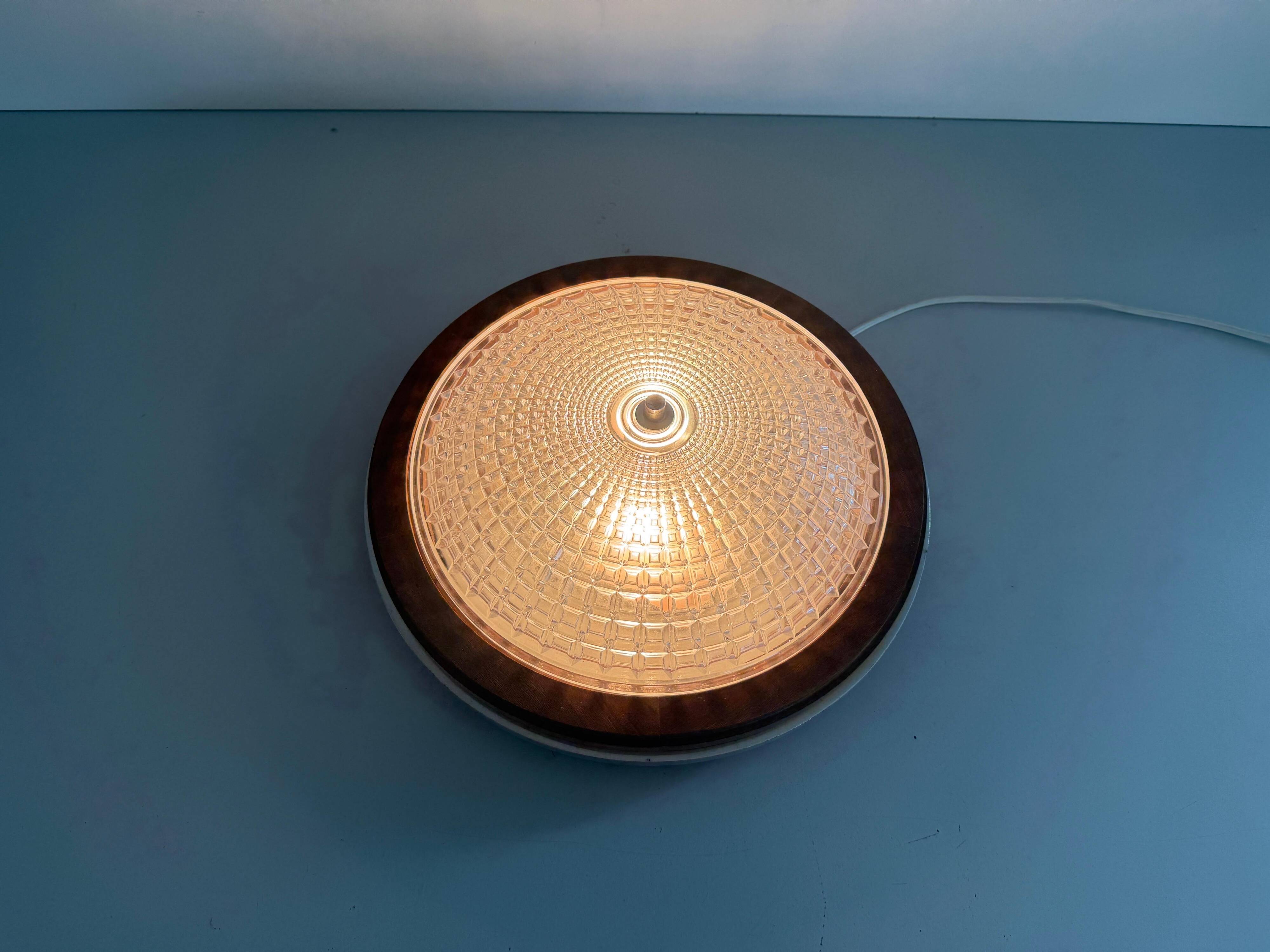 Flush mount in glass crystal and mahogany wood base, 1960s, Switzerland