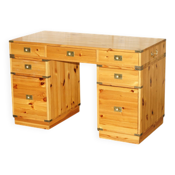 Twin desk with two military campaign drawers made of handmade pine, vintage 20th century.