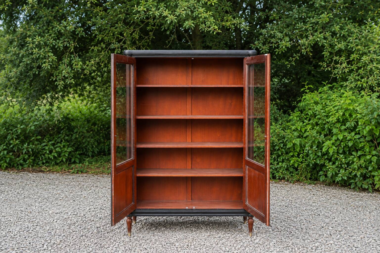 Renovated black antique Louis XVI style display cabinet, glass-fronted bookcase.