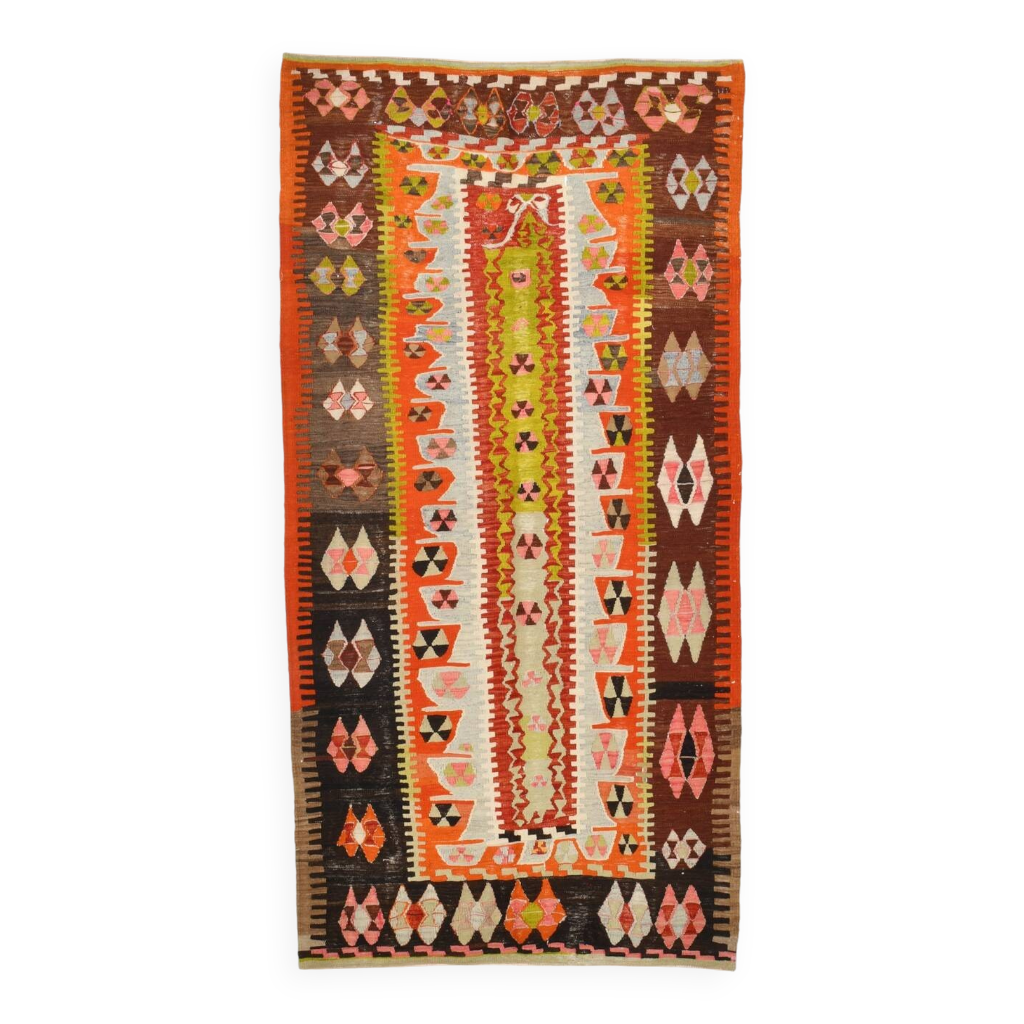 4x8 Multicolor Geometric Style Kilim Rug, 129x255 Antique Decor